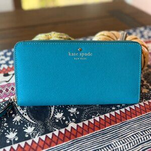 Kate Spade Turquoise Zippy Long Wallet with Storybook Lining, Preowned